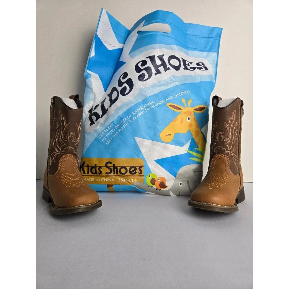Kids Brown Western Cowboy Boots Side Zip Square Toe Size 6 Toddler